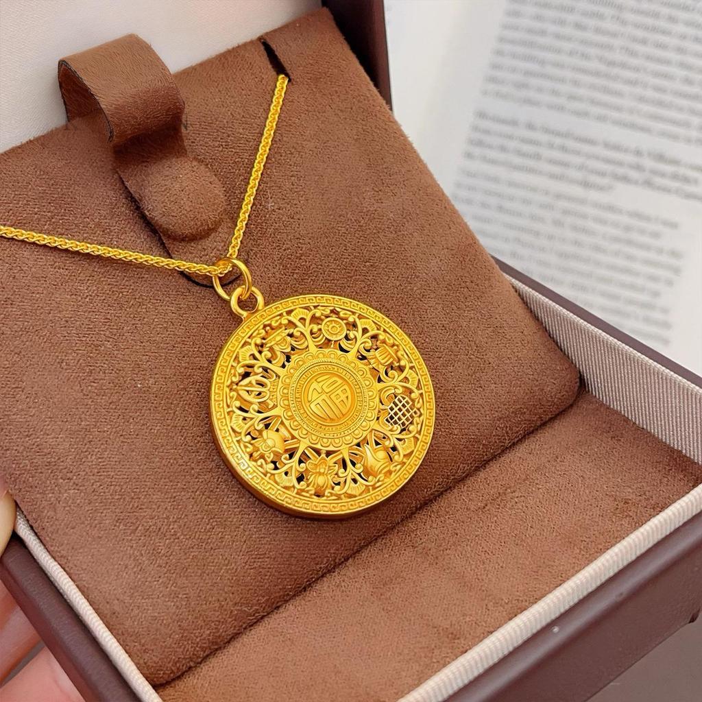 Retro Gold Flower Silk Fu Character Compass Pendant Necklace