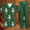 Women's Uniform Set with Short Sleeve Christmas Print Top and Pants, Two Piece Caregiver with Pockets