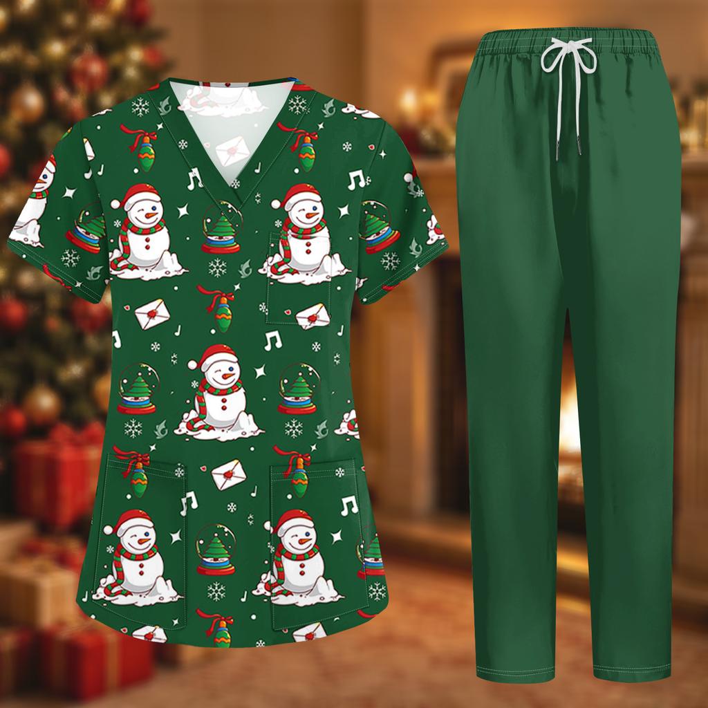 Women's Uniform Set with Short Sleeve Christmas Print Top and Pants, Two Piece Caregiver with Pockets