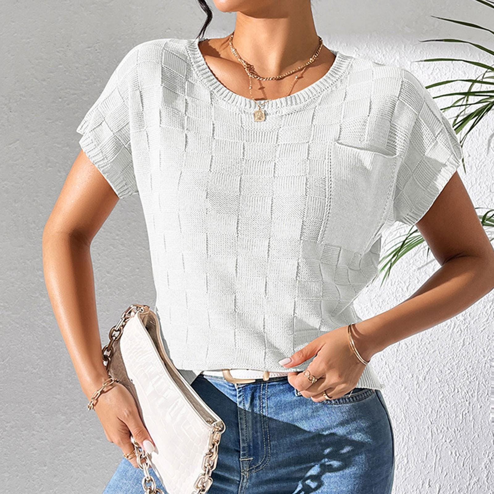 

Топы для женщин, модные свободные повседневные однотонные футболки с короткими вязаными рукавами и круглым вырезом, блузка XL белый