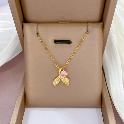 Light Luxury Full Diamond Micro-Inlaid Zircon Fishtail Pink Diamond Necklace Copper Electroplated Real Gold Pendant