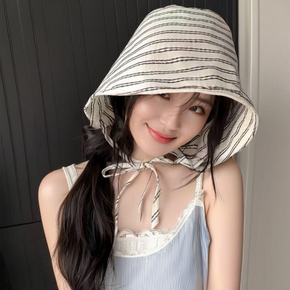 Large Brim Sun Protection Hat Wide Brim Striped Fisherman Hat Fashionable Bucket Hat  Outdoor