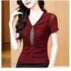 Summer Sexy V-neck Luxury Hot Diamonds Women’s T-Shirt Fashion Slim Mesh Short Sleeve Tees Brand Ladies  All Match Tops