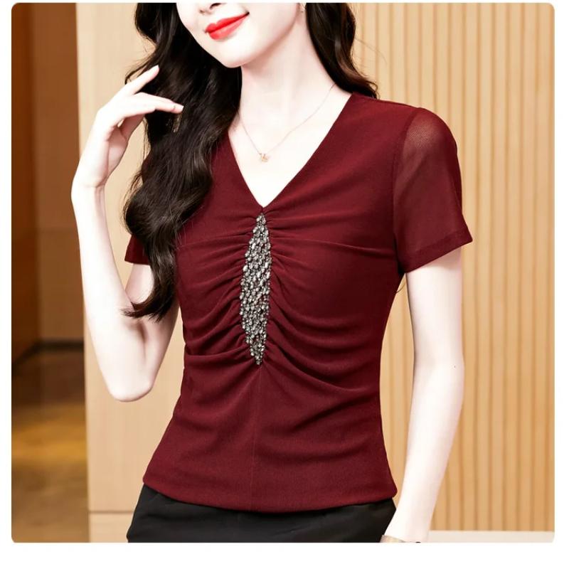 Summer Sexy V-neck Luxury Hot Diamonds Women’s T-Shirt Fashion Slim Mesh Short Sleeve Tees Brand Ladies  All Match Tops