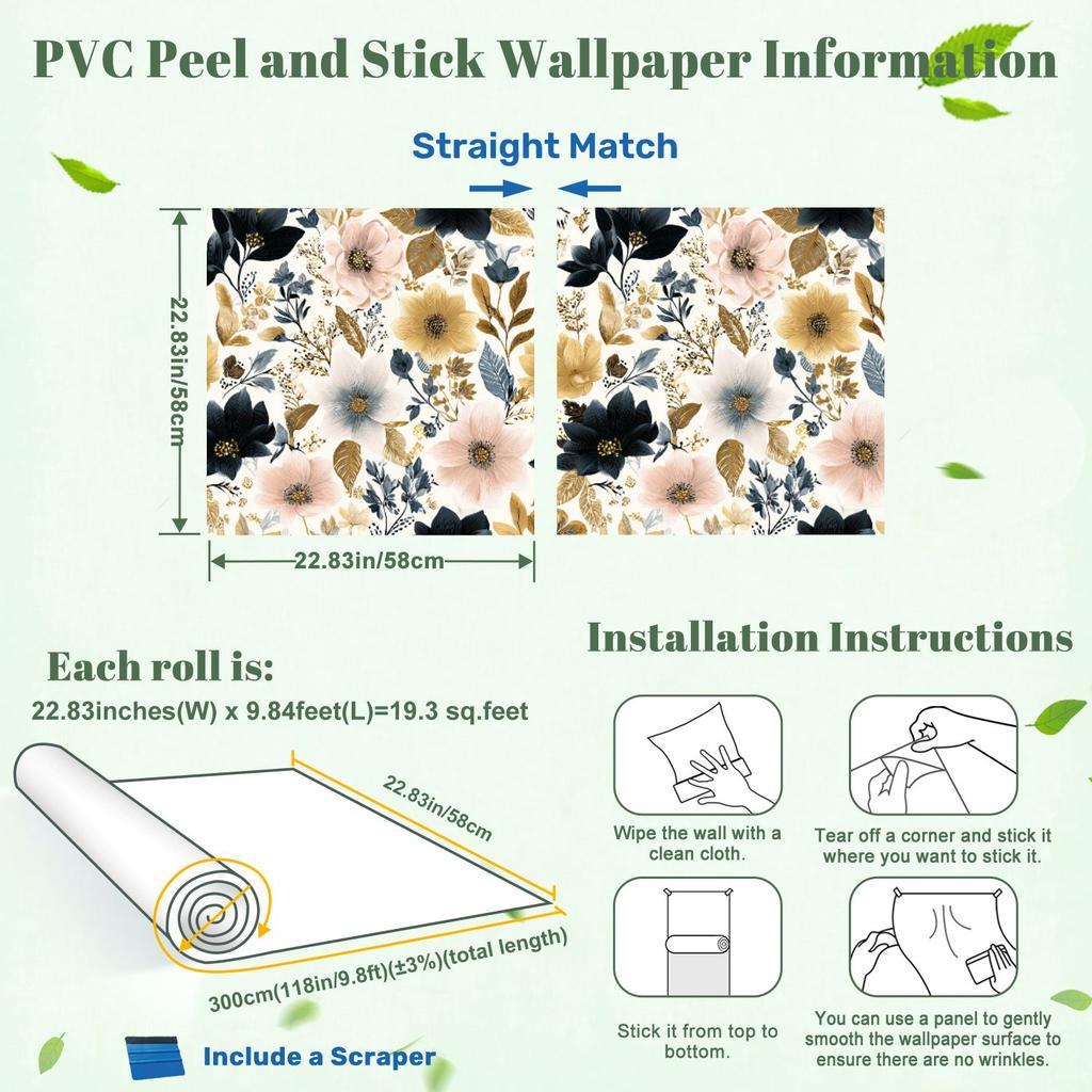 Soft Pastel Florals Wallpaper 22.83"X118" Waterproof Wallpaper for Living Room/Bedroom/Bathroom PVC Wall Sticker