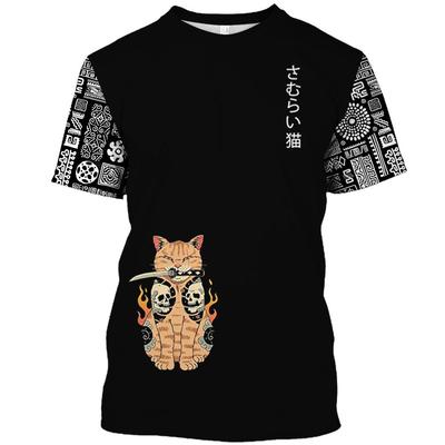 Cartoon Anime Samurai Cat Print T-Shirt for Men