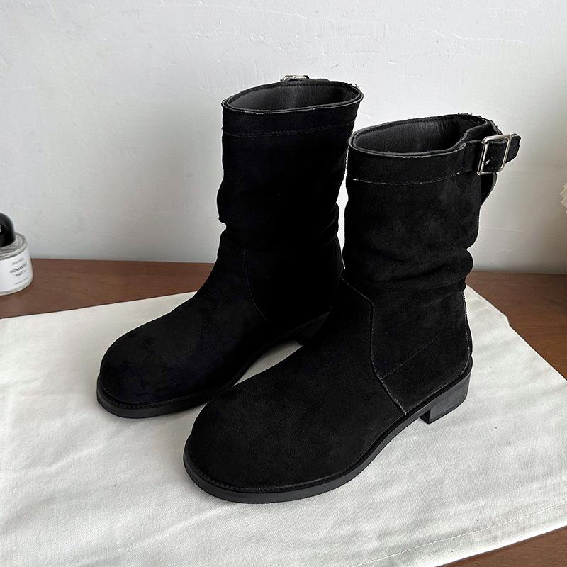 Thick Heel Retro Medium Boots Women's 2025 New Autumn and Winter Super Fire Round Head Sleeve Stack Small Short Boots Martin Boots
