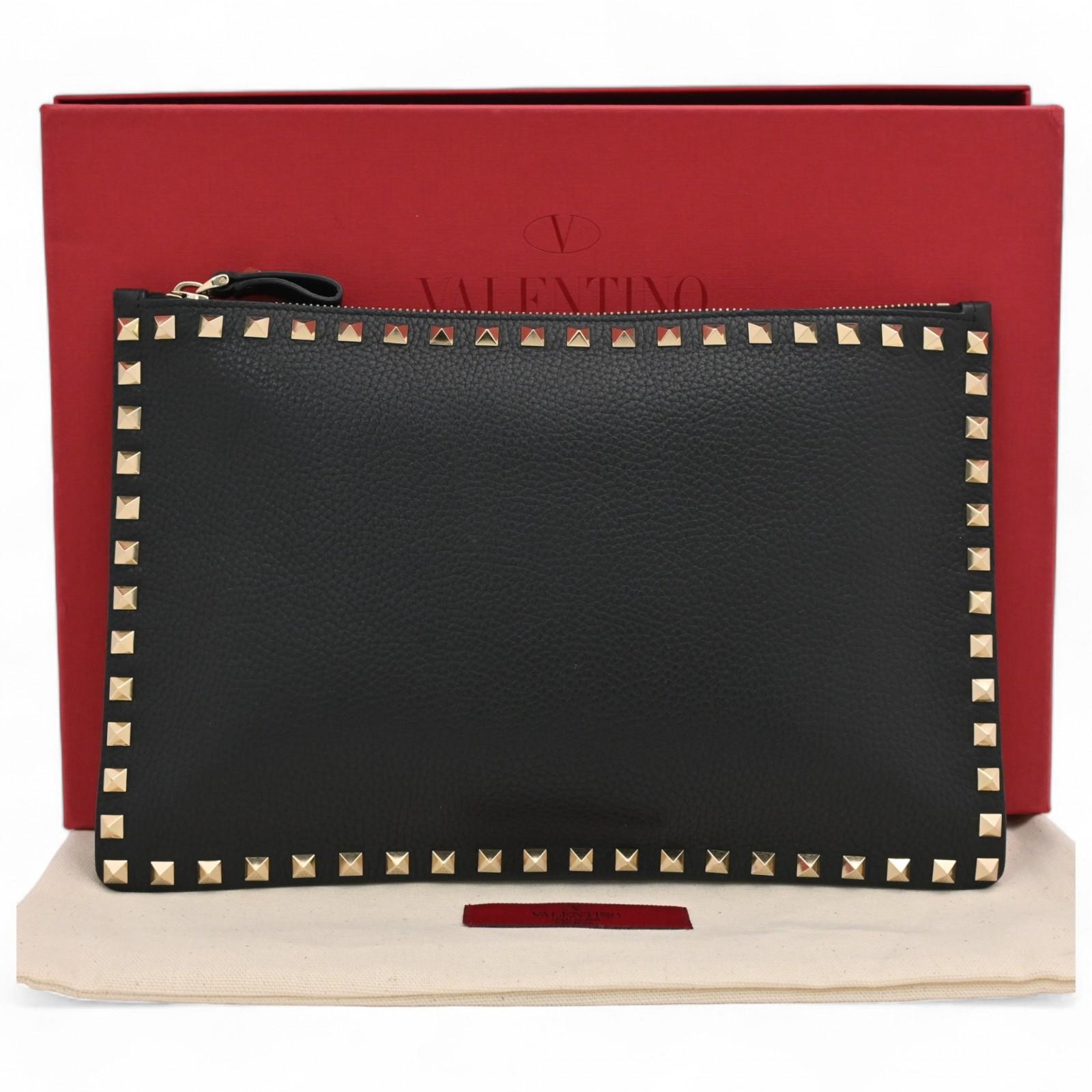 

Auth VALENTINO Rockstud Clutch Bag Black Calf Leather Women’s va6718cc