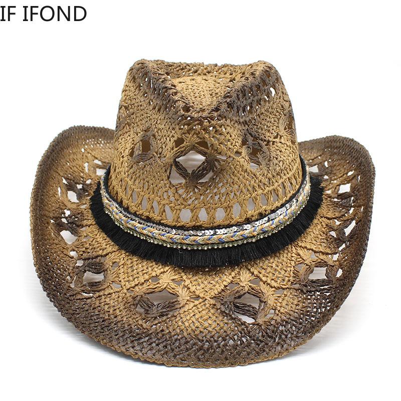 Retro Damen Herren Sommer Sonne Stroh Cowboy Western Cowgirl Hut aushöhlen Strand breite Krempe Rettungsschwimmer Hüte