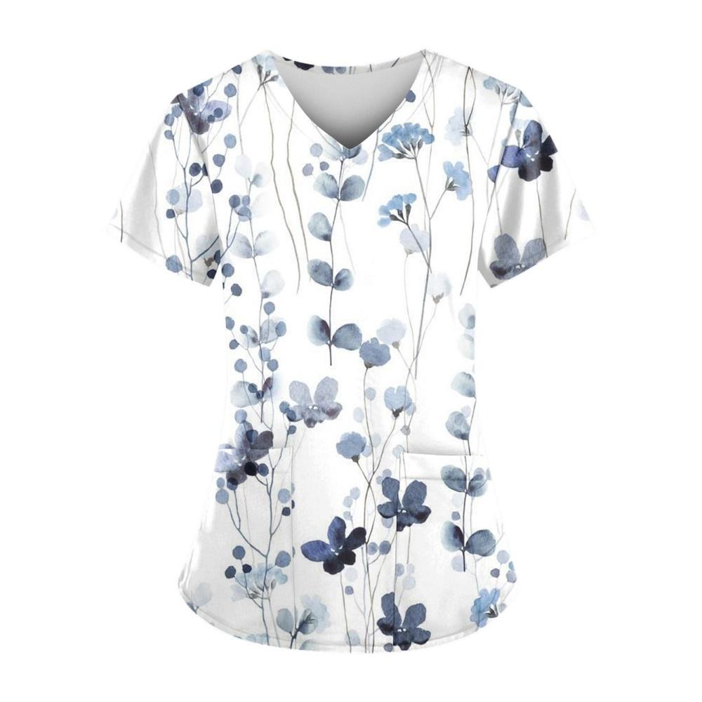 Damesykepleieruniformer Mote Blomstertrykk Sommer Casual V-hals Kort ermet T-skjorte Lett Tannlege Veterinær Klinisk Uniform Kvinne