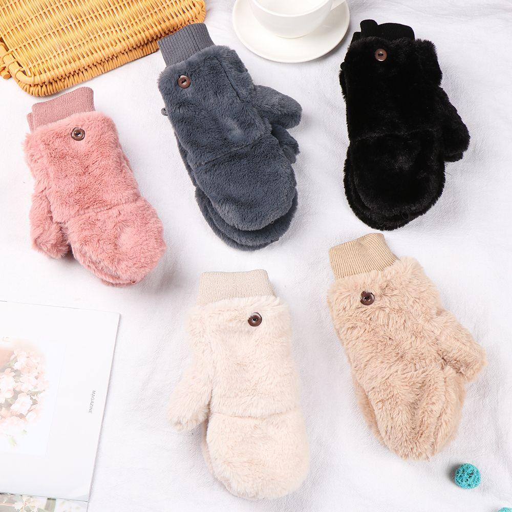 Winter Plus Velvet Windproof Thicken Warm Plush Mittens Faux Fur Gloves Flip Type Gloves