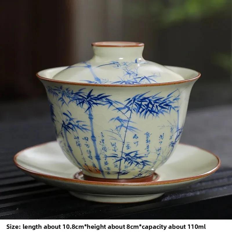 Handgefertigte Keramik Gaiwan Chinesische Teetasse Handbemalte Blumen Sancai Tee-Terrine Reise-Teeschale Porzellan Teegeschirr Set Zubehör