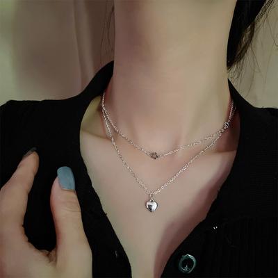 Love Double Layered Necklace Fashion Sweet Cool Girl Choker Fashion Ins Wind Flower Heart Pendant Clavicle Chain