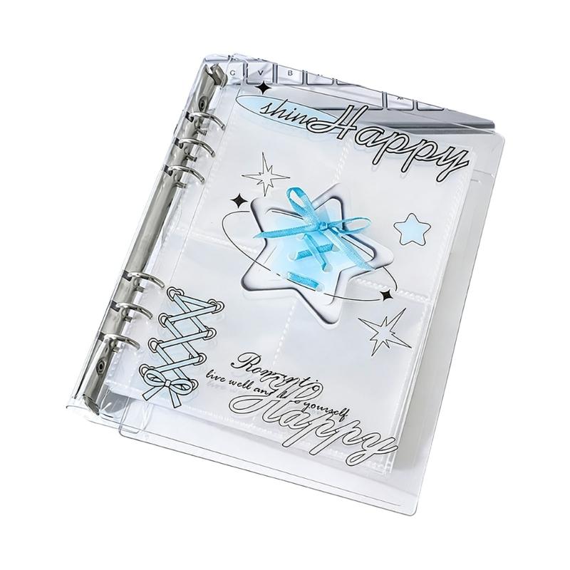 Elegantes Acryl-Fotoalbum mit 4 Fächern pro Seite 6 Ringe Schleifen-Ordnerdeckel Kartenhalter Sammlerbuch