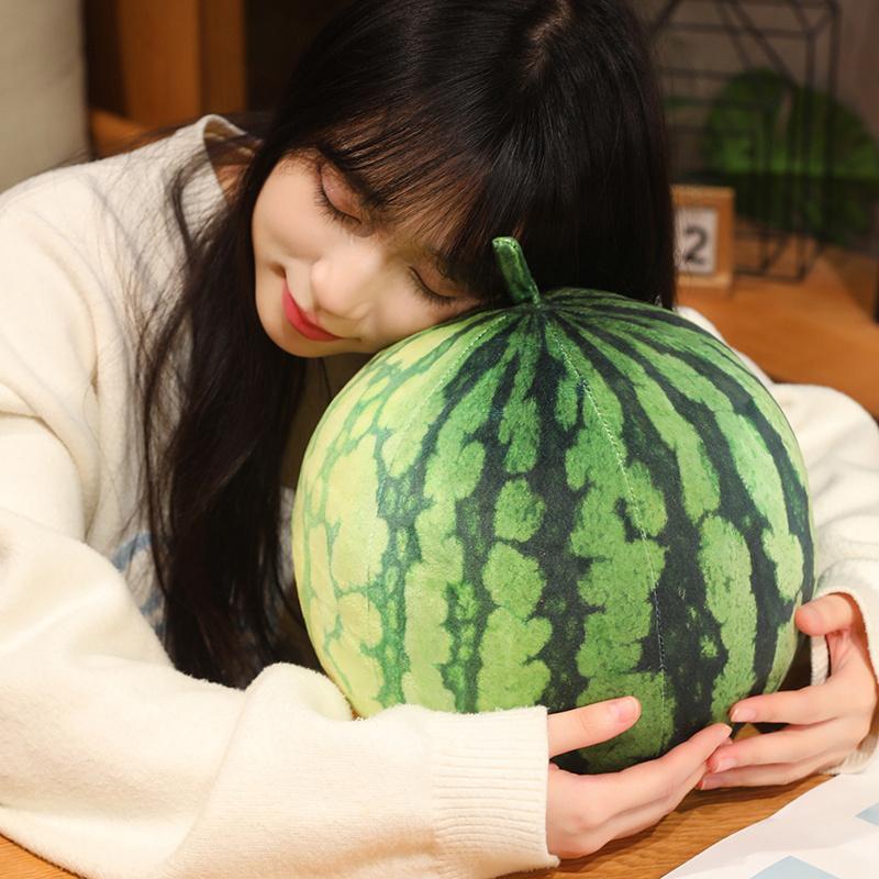 Long  Round Green Watermelon Plush Toy Stuffed Fruit Pillow Like Real Lumbar Back Support Plushie Home Decor Present
