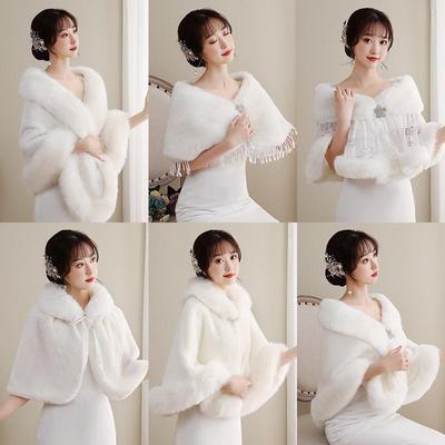 Winter 2024 White Bridal Fur Shawl for Wedding Ceremony and Bridesmaid Toasting Dress.