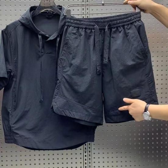 2Pcs/Set Men Summer Outfit Hooded Drawstring Short Sleeve Tops Elastic Waist Pockets