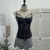 American Spicy Girl Lace PU Leather Patchwork See-Through Camisole with Chest Pads and Shirred Back Top