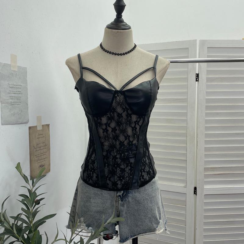 American Spicy Girl Lace PU Leather Patchwork See-Through Camisole with Chest Pads and Shirred Back Top