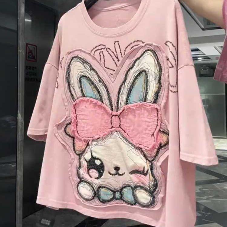 Large Size Heavy Industry Patch Printed Short-sleeved T-shirt Women's Summer New Loose and Thin Meat-covering Versatile Top Tide