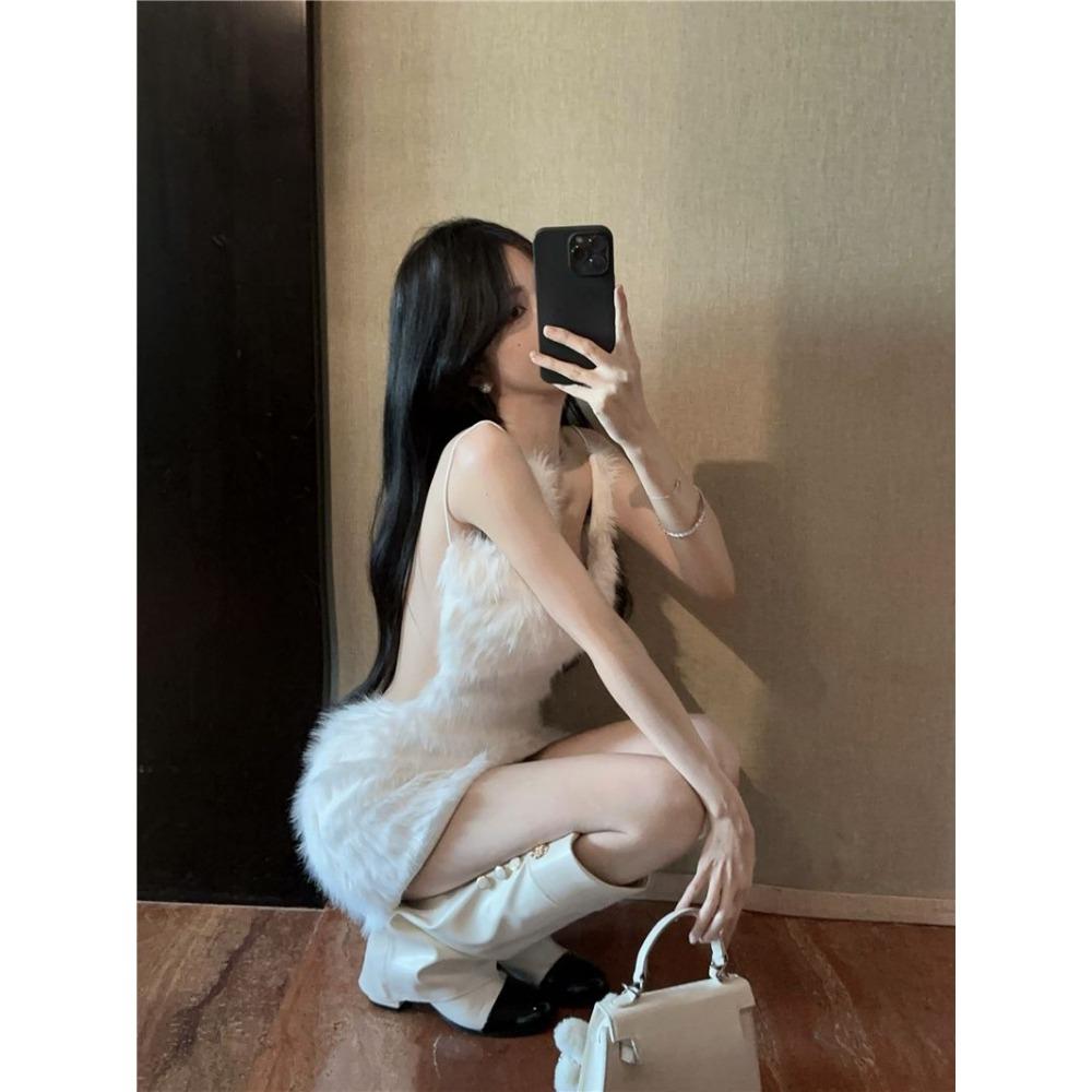 Winter Backless White Solid Color Fur Stylish Design Sling Hip-wrapped Slim Fit Temperament Dress