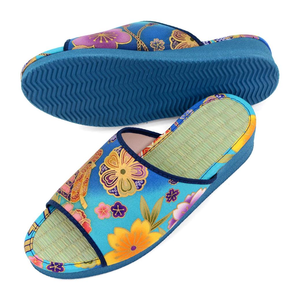 Takeharu Tatami Made in Made of Rush Japanese Yuzen Blue Size M Women's Slippers, Japan, Grass, Pattern, (880),