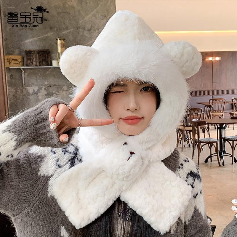 Winter plush hat, scarf, integrated hat, cute bear pullover hat, women's outdoor cold protection and warm ear protection two-piece set
