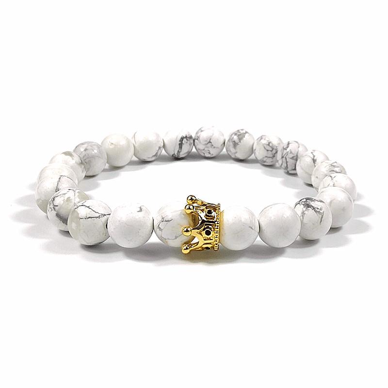 European & American Zirconia Crown Bracelet with Volcanic Stone & White Pine Beads