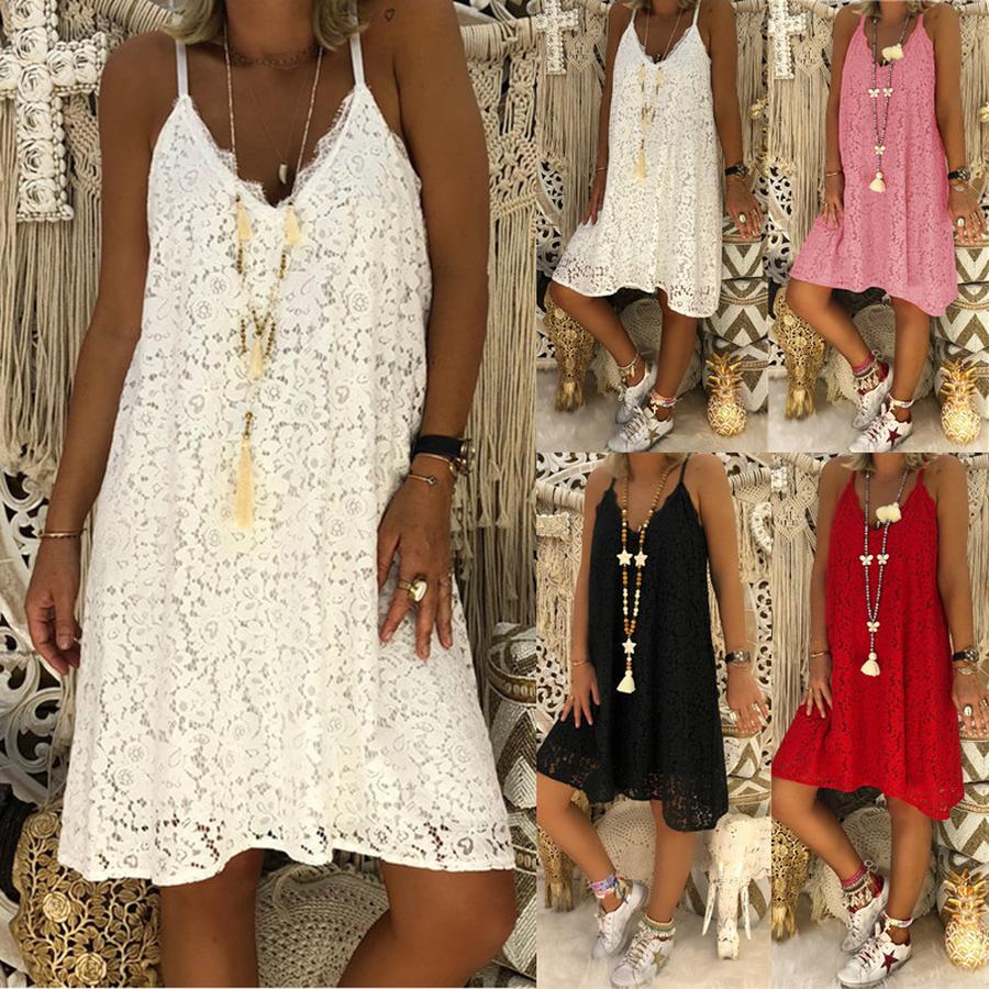 Women's Summer Solid Sleeveless V-Neck Lace Loose Dress