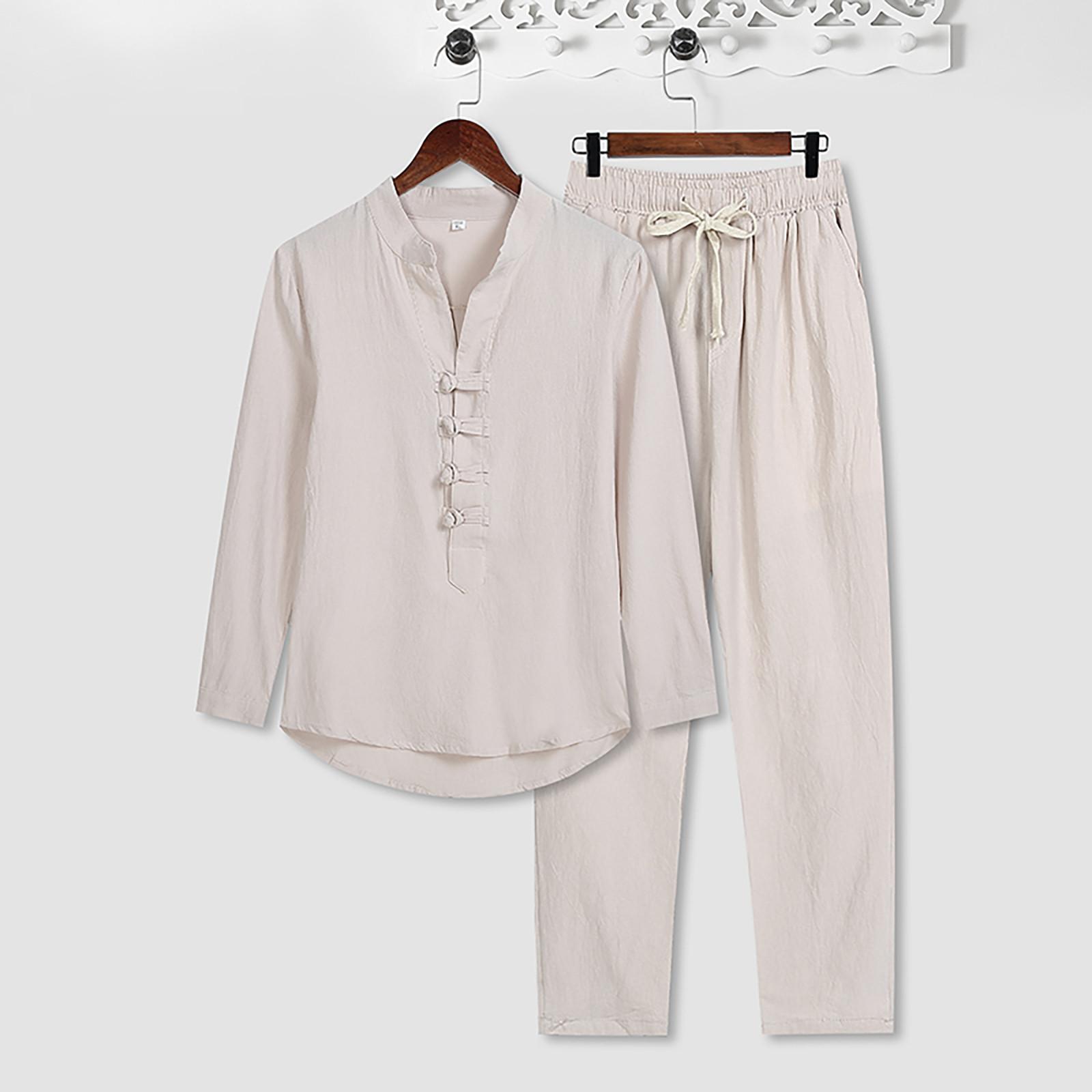 

Мужская футболка из хлопка и льна в стиле ретро с длинными рукавами, верх, свободные брюки, костюм из двух предметов M хаки