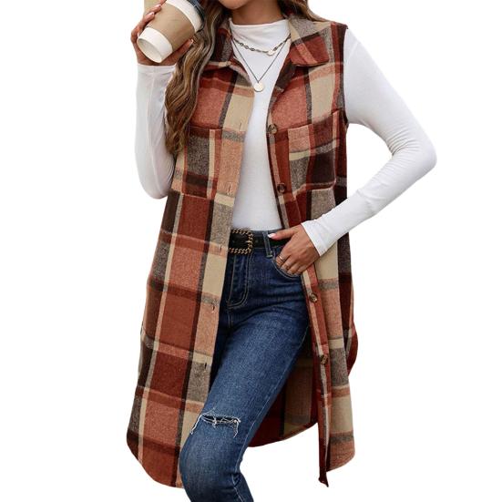 

Женский длинный жилет с нагрудными карманами, клетчатый принт, отложной воротник, однобортный жилет средней длины, свободная верхняя одежда Caerdigan для повседневной носки и свиданий S кофейный