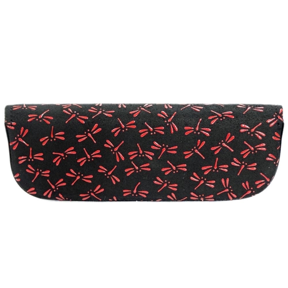 Inden H Brillenetui aus schwarzem Hirschleder mit roter Libelle x x Hartes Etui Inden-ya, Klein, 4210, Lack, Muster, 5,3cm 15,7cm 3cm, Schlank,