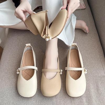 Low Heel Shallow Mouth Single Shoes Women's New Versatile Pearl Soft Sole Grandma Shoes Square Head Mary