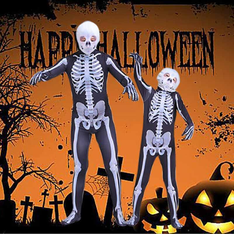 Unisex Parent-child Skeleton Man Costume Jumpsuit With Spooky Mask For Halloween Fun