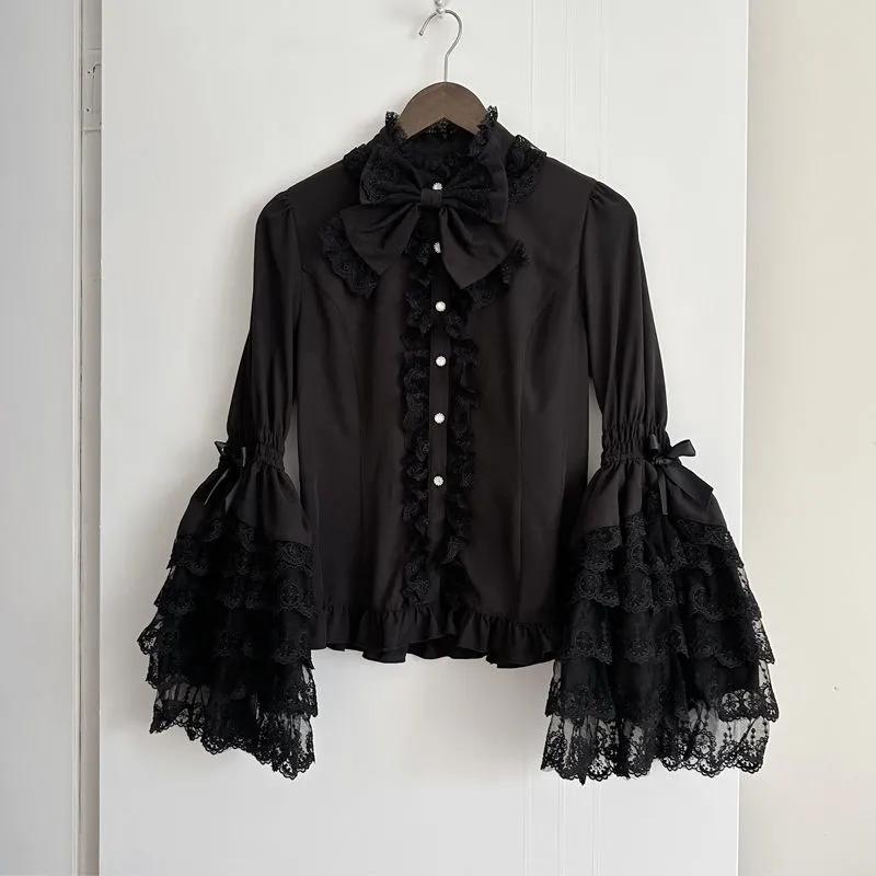 Women's Lolita Style Lace Ruffle Bow Long Sleeve Blouse