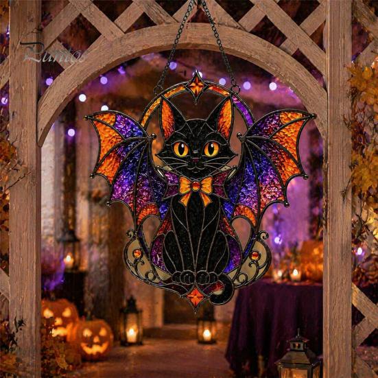 Cute Animal Themed Gift Halloween Bat Cat Suncatcher, Stained Glass Style Acrylic Sun Catcher, Gothic Home Wall Ornament Black Hanging for Window