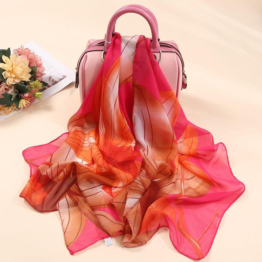 Chiffon Lotus Print Long Scarf - Lightweight, Thin Spring/Autumn Silk Accessory for Middle-Aged & Elderly