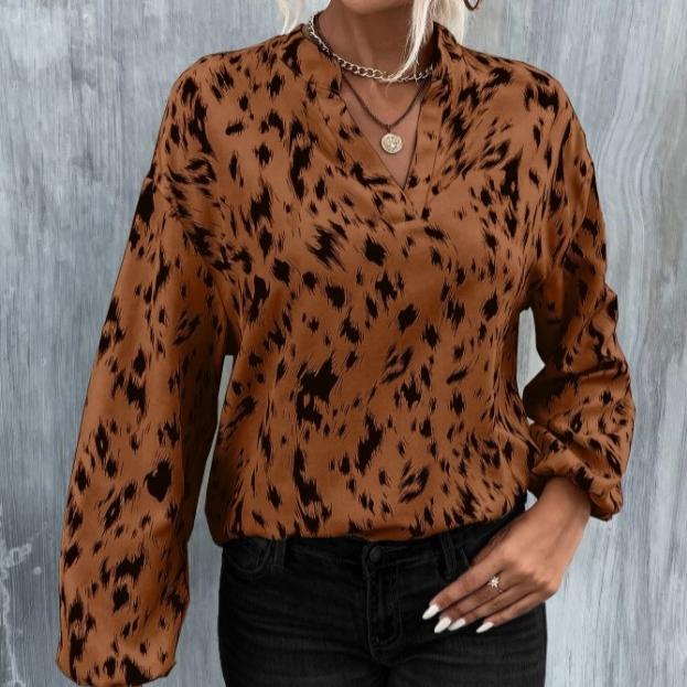 QICED Jaro Podzim Módní Polyesterový Pulovr s Leopardím Vzorem Dlouhý Rukáv Výstřih do V Volný Střih Dámská Košile