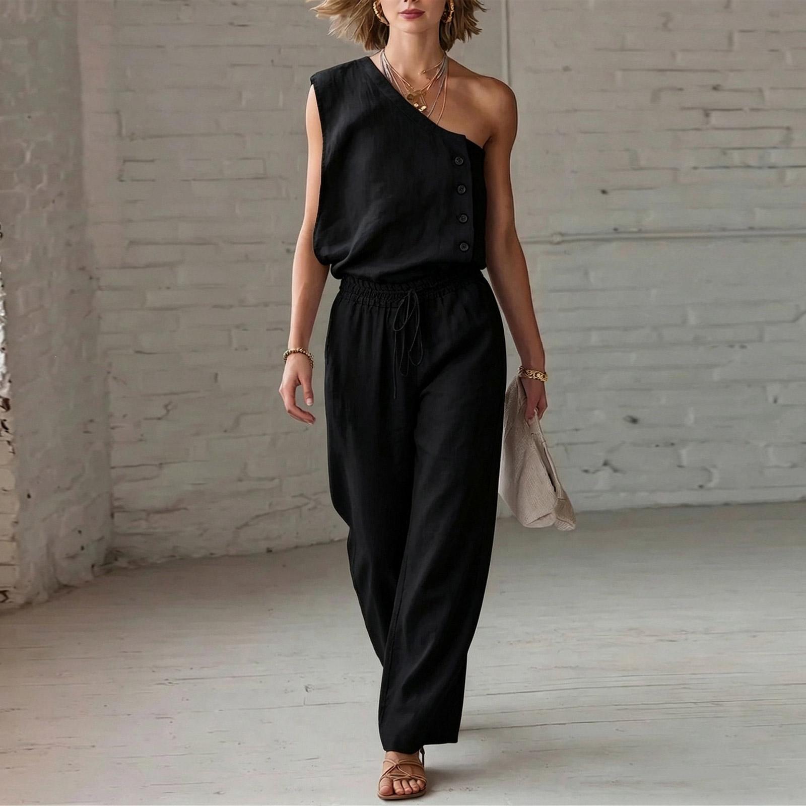 

Women Sleeveless One Shoulder Button Detail Top with Elastic Waistband Pants Two Piece Set Casual Loose Fit Lightweight Fabric XL