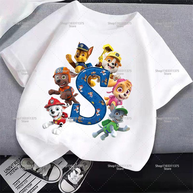 Cute PAW Patrol T-shirt Letter A-Z Boys Girls Clothes Short Sleeve Summer Cartoon Kids Birthday Toddler Cotton Outdoor Wear Gift