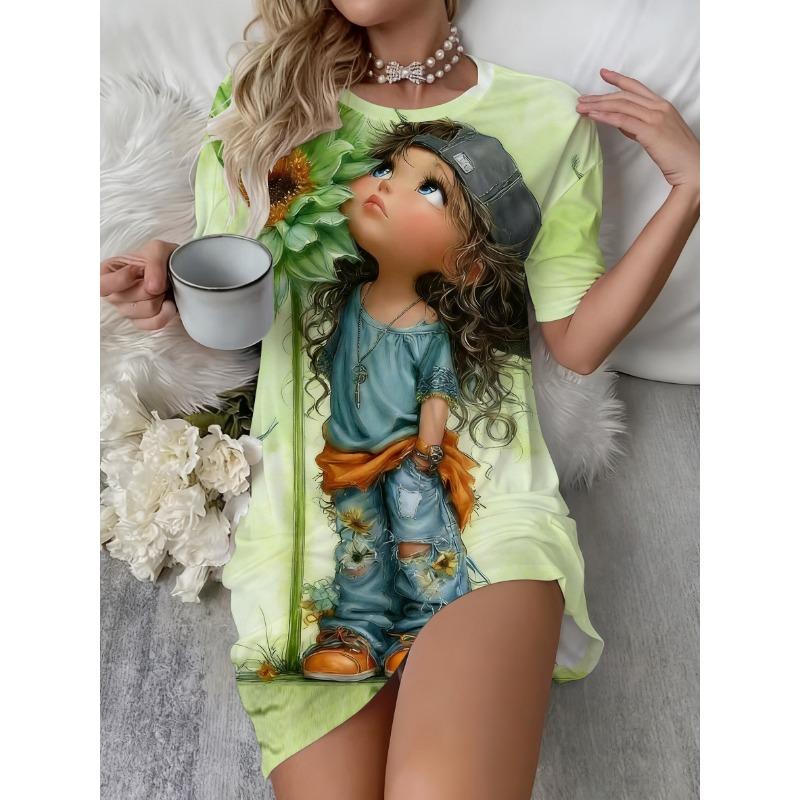 

Ladies Cartoon Cool Kids and Flower Pattern Print Comfortable Round Neck Short Sleeve Nightgown and Lounge Wear 5XL