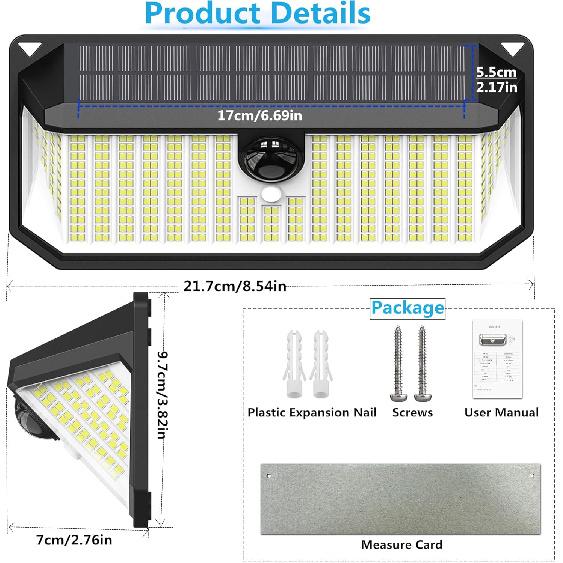2Packs Solar Lights Outdoor Motion Sensor,466 LED Solar Powered Flood Lights 4000LM Solar Security Wall Lights with 3 Modes IP68 Waterproof for