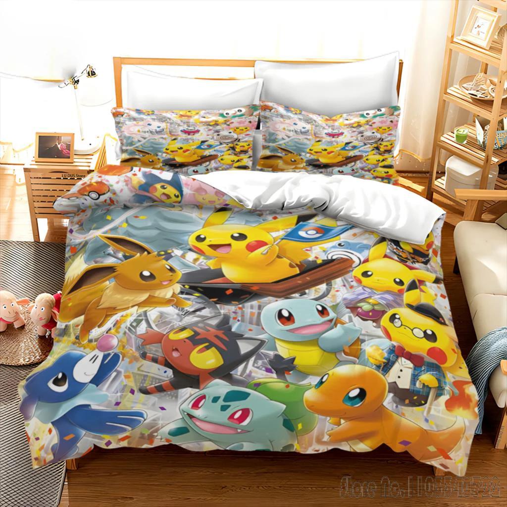 

Pokemon Bedding Set Cartoon Anime Children Bedroom Quilt Cover Boy Girl Bedclothes Single Double King Pikachu Duvet Cover Gift US Full(200*230cm)3pcs
