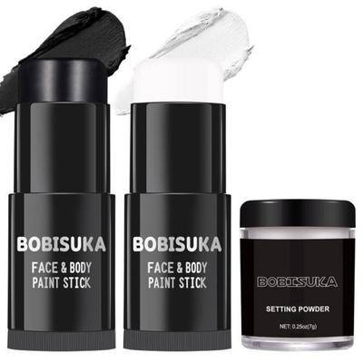 BOBISUKA Face Painting Paint Stick Clown Skull Vampire Cosplay Special Effects Costume SFX Halloween Makeup, Black/White with Setting Powde