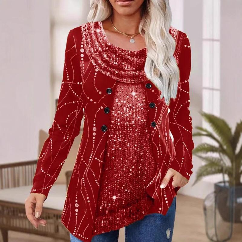 Nezávislá stanice Flitrovaná patchworková potištěná spuštěná límcová dámská halenka s dlouhým rukávem ve stylu falešného dvoudílného topu