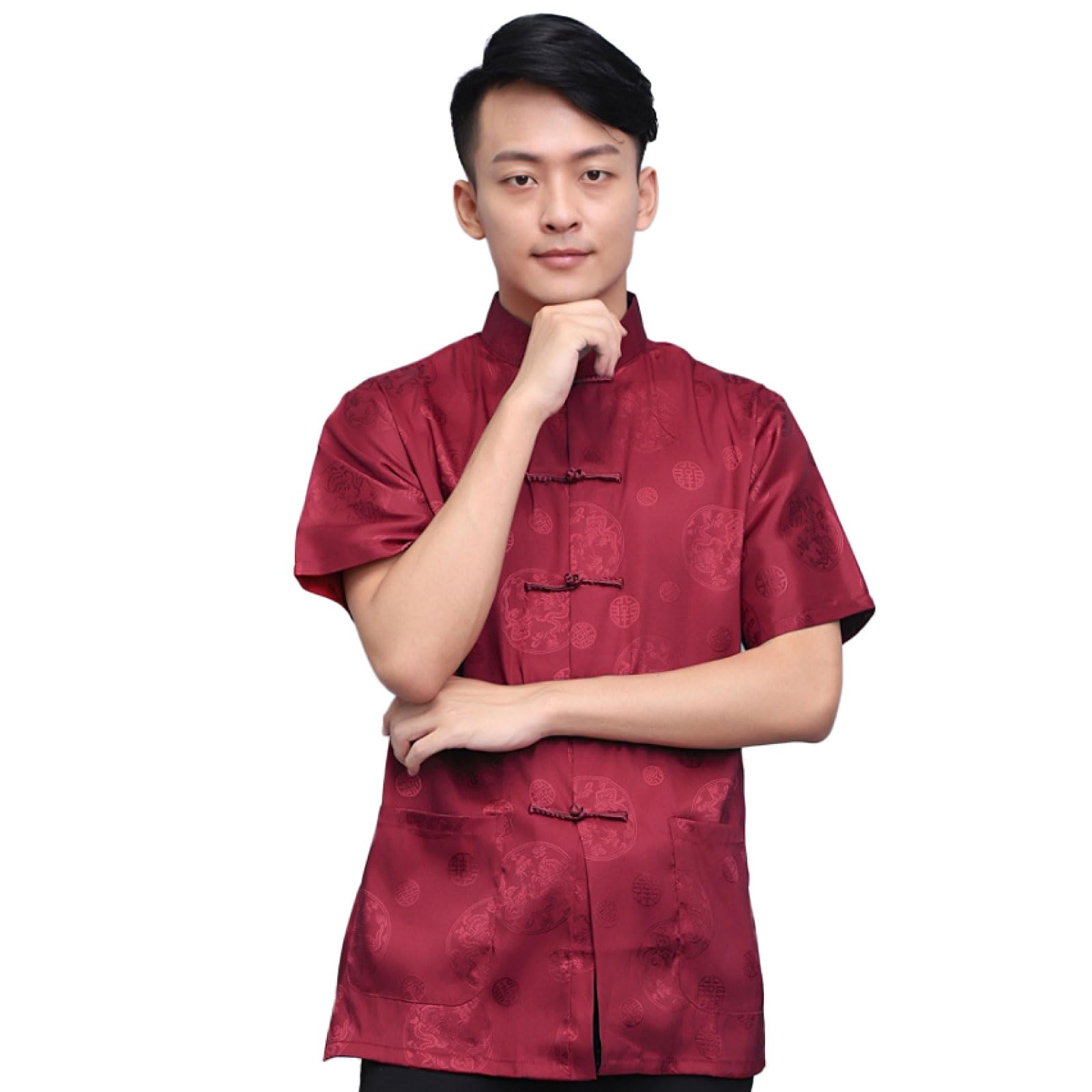 

RONGUI Men s Short Sleeve Cheongsam Shirt, Plus Sizes S-3XL, Chinese Clothing, Cosplay, Stage Costume (Red, Size L)