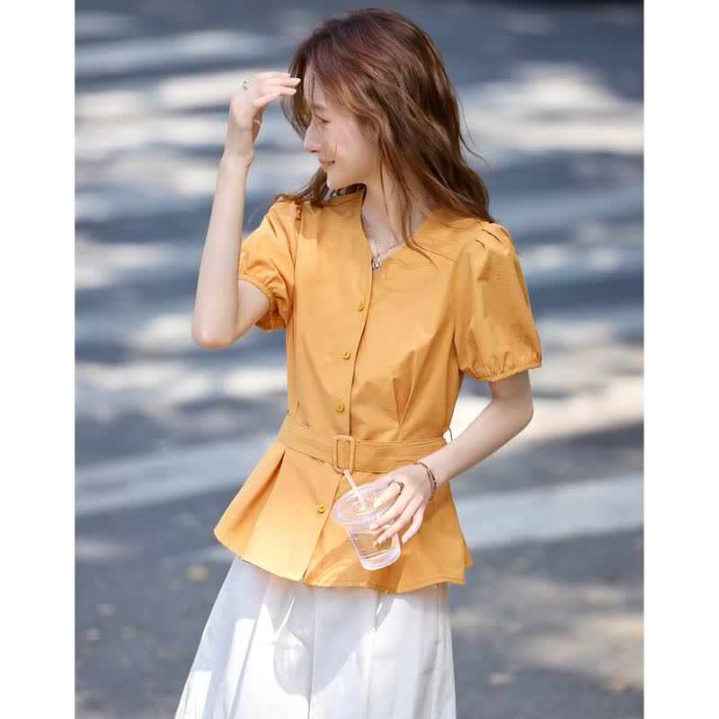 Women's French Style V-Neck Petal Hem Blouse
