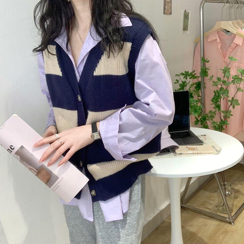 Single-breasted Striped Knitted Cardigan Spring New Women Fashion Sleeveless Knitted Sweater Slim Korean Vest Cardigan