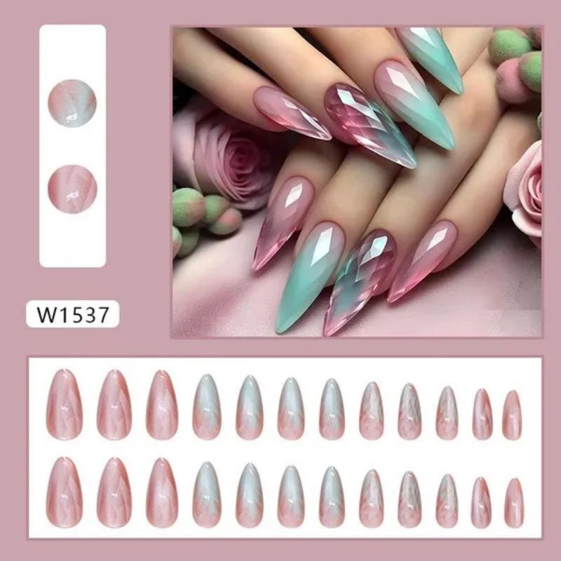 24pcs Almond False Nails French Crystal Fake Nails Full Cover Press On Nails Detachable Nail Tips Nail Art