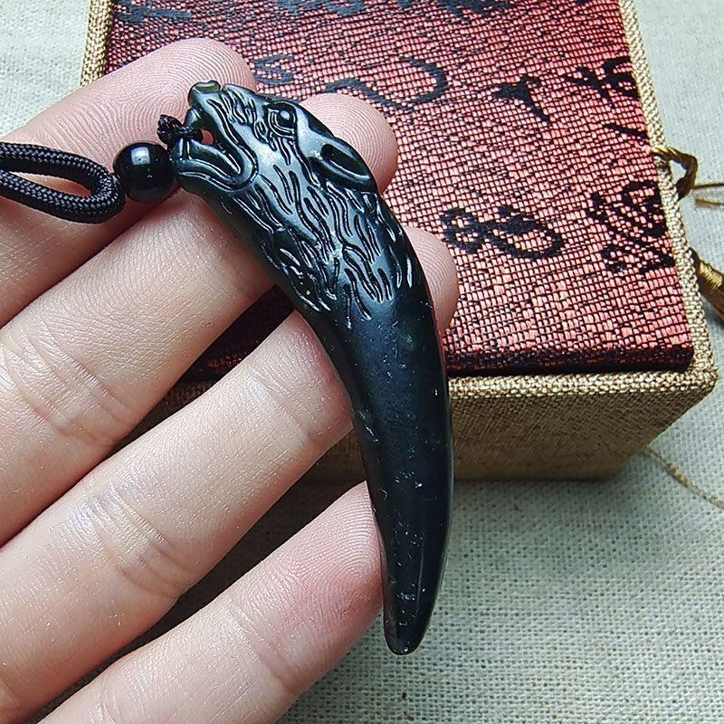 King of Medicine Stone: Men's Double-Sided Wolf Tooth Serpentine Jade Pendant Amulet In Dark Green